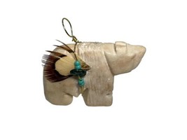 Native American Carved Zuni Bear Pendant Feather Turquoise - £55.87 GBP