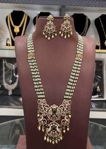 Gold Plated Bollywood Style Indian CZ Long Necklace Haram Green Jewelry Set - £112.06 GBP