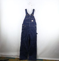 Vintage 90s Carhartt Mens 34x32 Spell Out Wide Leg Denim Jean Overalls Blue USA - £109.79 GBP