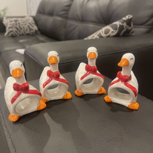 Vintage Geese Ducks Napkin Rings With Red Ribbon on Neck Set of 4 - $8.10