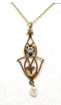 Victorian Lavalier 0.1ct Diamond &amp; Seed Pearl 10k Gold Pendant, 18&#39;&#39; Long - £803.03 GBP