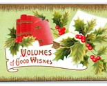 Christmas Volumes of Good Whishes Holly Books Embossed Unused DB Postcar... - $4.90
