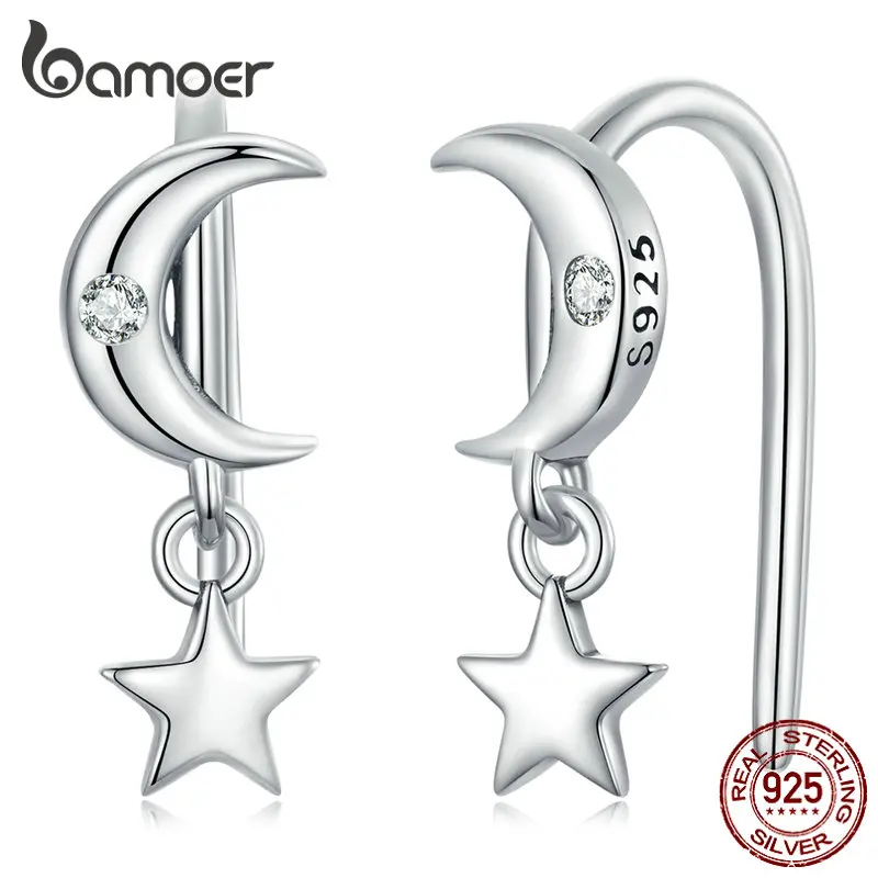 Authentic 925 Sterling Silver Star &amp; Moon Piercing Earrings for Women Fine Jewel - £19.09 GBP