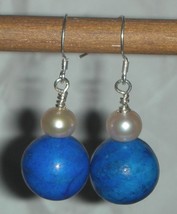  Genuine Blue Turquoise Howlite and Pearl Earrings - £8.03 GBP