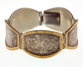 Vintage Mexico Sterling Silver &amp; Brass Hand Engraving Link Bracelet 7.00&quot; - £128.49 GBP