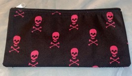 Canvas Zippered Bag Case Black With Hot Pink Skulls &amp; Bones Makeup 10” W X 5” H - £4.55 GBP