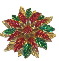 Poinsettia Pin Brooch Christmas Flower Red Green Gold Tone Jewelry 2 inch Winter - £10.21 GBP