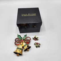 Joan Rivers Christmas Bell Brooch + Holly Clip On Earrings Gold Tone Enamel - £57.99 GBP