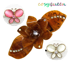 3 PK Pink White Crystal Butterfly Floral Brown Acrylic Hair Barrette Bob... - £7,879.14 GBP