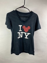 Disney Womens M &quot;I Love NY&quot; Red Glittery Mickey Mouse Ears Gray Striped T-Shirt - £7.55 GBP