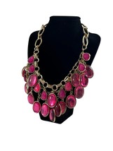 Gold Tone Bib Necklace Pink Bubble Tear Drop Beads Chain Statement 18-21&quot; - £11.87 GBP