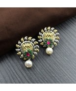 Tradtional Real 925 Silver Dangle Emerald Pearl Earrings in Dual Tone - €49,72 EUR