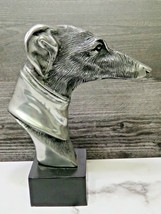 GREYHOUND HEAD BUST STATUE MOUNTED ON BLACK BASE SILVER METAL - $53.46