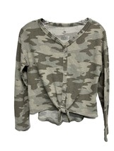 So Top Blouse Gray Waffle Knit Camouflage Tie Front Long Sleeve M/L - £13.16 GBP