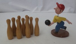 Vintage Wood figurine Bubblehead Bowler w/10 Bowling Pins Japan - £11.99 GBP