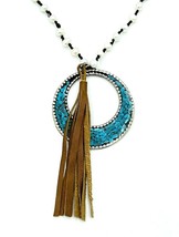 JULIO Hand Knotted Freshwater Pearl Mosaic Turquoise Tassel Pendant Necklace - £28.48 GBP