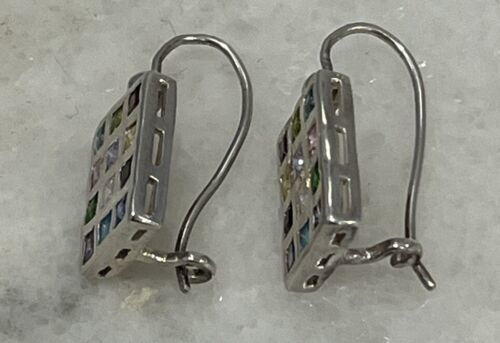 Sterling Silver 925 Multi Gemstone Rectangle Kidney Wire Earrings   Item image 3