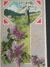 Easter Greetings Scenic Purple Flowers Antique Floral Embossed Postcard 1911  - $3.99