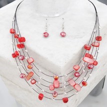 Multi-Strand Red Beaded Necklace &amp; Earrings Set – Layered Statement Jewe... - $236.30 MXN