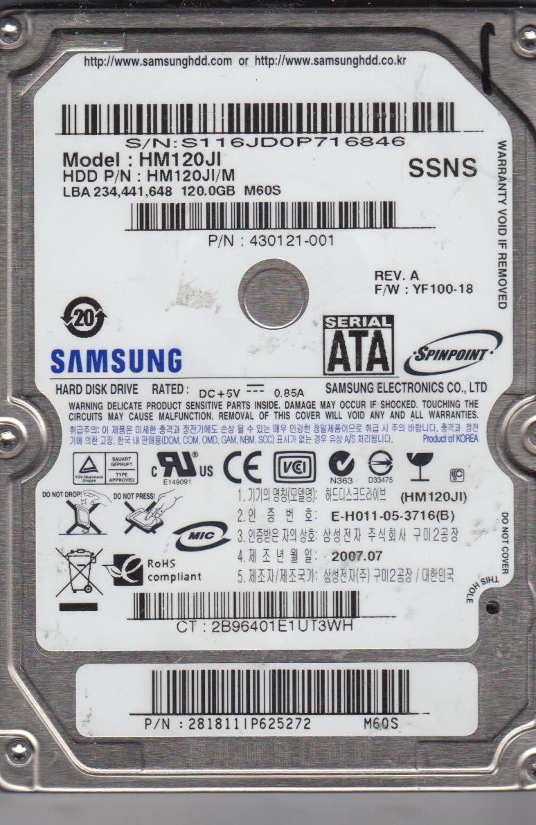 Primary image for HM120JI, HM120JI/M, FW YF100-18, M60S, Samsung 120GB SATA 2.5 Hard Drive