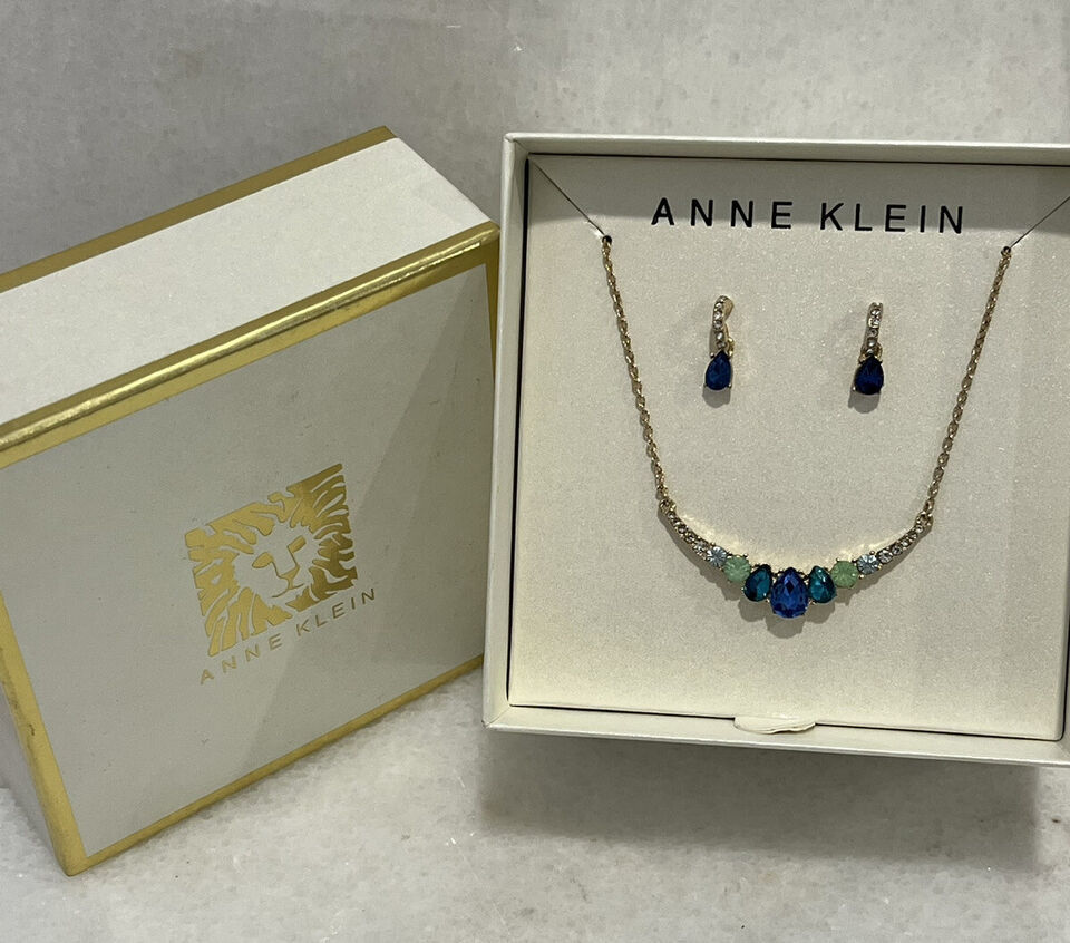 Anne Klein Gold Tone Blue Green Clear Faux Stone Earrings &amp; Necklace Set... - $31.68