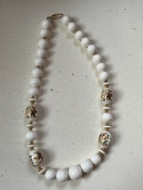 Vintage Chunky Cream Plastic w Floral Decorated Accented Beads &amp; Goldtone Spacer - £8.92 GBP