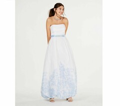 Teeze Me Junior Womens 7/8 White Blue Strapless Waist Tie Floral Hem Gown NWT - £39.41 GBP