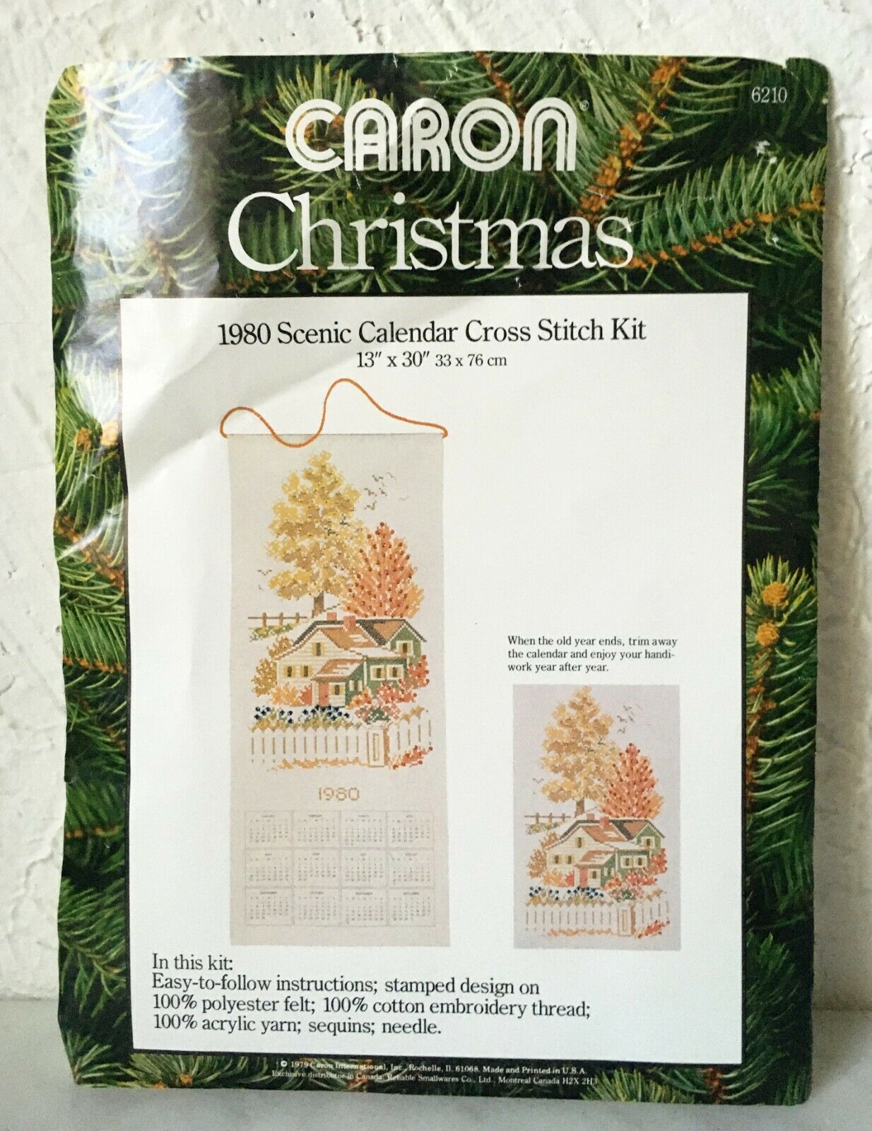 Vintage Caron Christmas 1980 Scenic Calendar Stamped Cross Stitch Kit 13" x 30" - $14.20