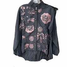 Marubella Art To Wear Shirt Blouse Womens L Black Pink Roses Floral Hand Painted - £146.27 GBP