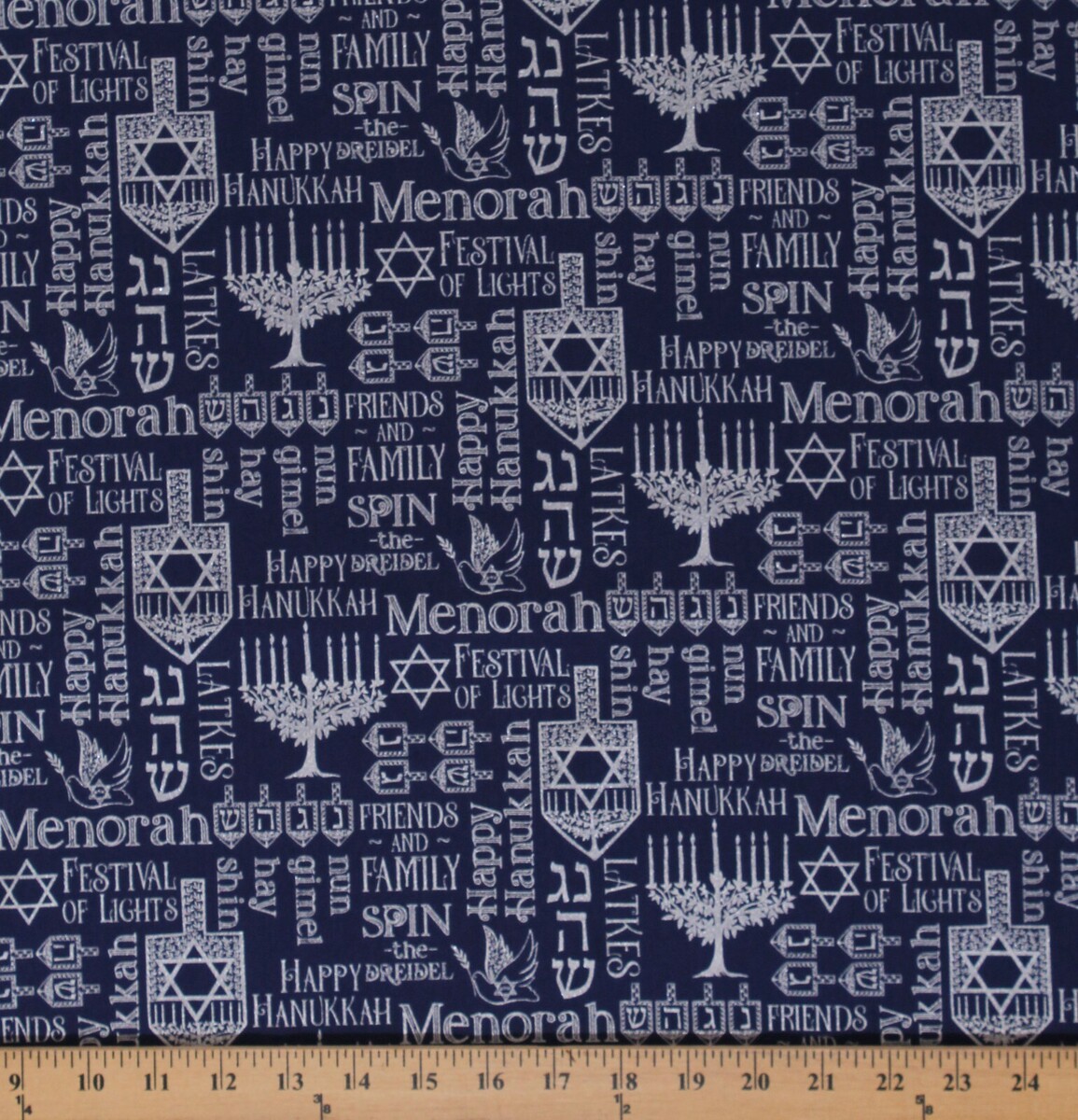 Cotton Happy Hanukkah Menorah Jewish Faith Navy Fabric Print by the Yard... - $12.95