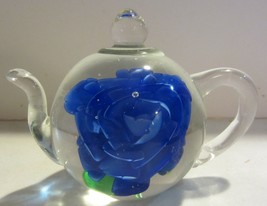  Dynasty Gallery Art Glass Teapot Paperweight Blue Floral  - £17.42 GBP