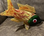 Large Murano Style Hand Blown Art Glass Fish Figurine Yellow Green and Red - $133.65