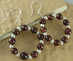 Sterling Silver Garnet Beads Hoop Dangle Earrings - $34.99