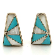 Vtg Sterling Signed Southwest Zuni Inlay Channel MOP Turquoise Clip On Earrings - £43.51 GBP