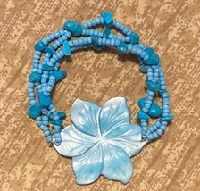 Shell flower bracelet tropical blue seed beads and stones stretch band - £3.99 GBP