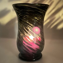 Pier 1 Black &amp; Green Swirl Blown Glass Candle Holder Hurricane Vase 9 Inch - £27.45 GBP