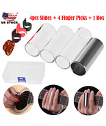 4Pcs Guitar Slide Finger Slides Glass&amp;Stainless Steel 4Pcs Picks With Bo... - $20.99