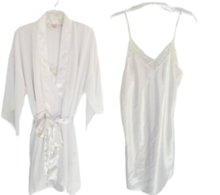Vtg 90s Victorias Secret Gold Label Satin Chemise Slip Short Robe Set M Ivory - £37.26 GBP