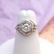Vintage Art Deco Simulated Diamond Antique White Gold Finish Engagement Ring - £62.58 GBP