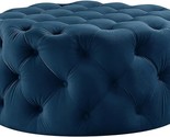 33&quot; Navy Velvet With Black Tufted Round Cocktail Ottoman - £490.49 GBP