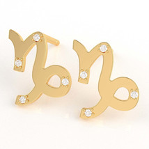 Capricorn Zodiac Sign Diamond Earrings In Solid 14k Yellow Gold - £200.26 GBP