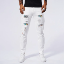 2025 White Elastic Hot Diamond Denim Ripped Patch Skinny Pants Men - $19.75