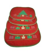 Vintage Set of 4 Red Holiday Christmas Tree 14&quot; Presents Embroidered Ova... - £22.15 GBP