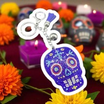 Purple-Blue Sugar Skull Rhinestone Keychain w Tassel – Día de los Muerto... - $9.85