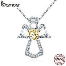 BAMOER Authentic 925 Sterling Silver Guardian Angel Heart Pendant Necklaces Dazz - £20.71 GBP