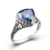 Rainbow Fire Mystic Topaz Love Wedding Rings for Women Gift Retro Sterling Silve - £38.83 GBP