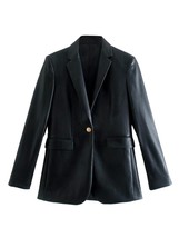 TRAF Women Faux PU Leather Jacket Metal Single Button Vintage Long Sleeve Blazer - £36.47 GBP
