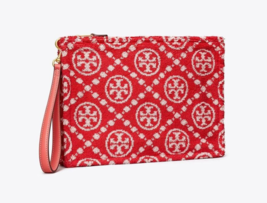 Tory Burch T MONOGRAM TERRY POUCH jacquard Wristlet ~NWT~ Strawberry - $116.82