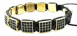 Mens Womens Gold Black Rhinestone Pave Square Bead Cuff Bracelet Adjustable - £12.45 GBP