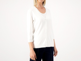 Isaac Mizrahi 3/4 Sleeve Sweater Cardigan with Scallop Trim - White, XL - £20.60 GBP